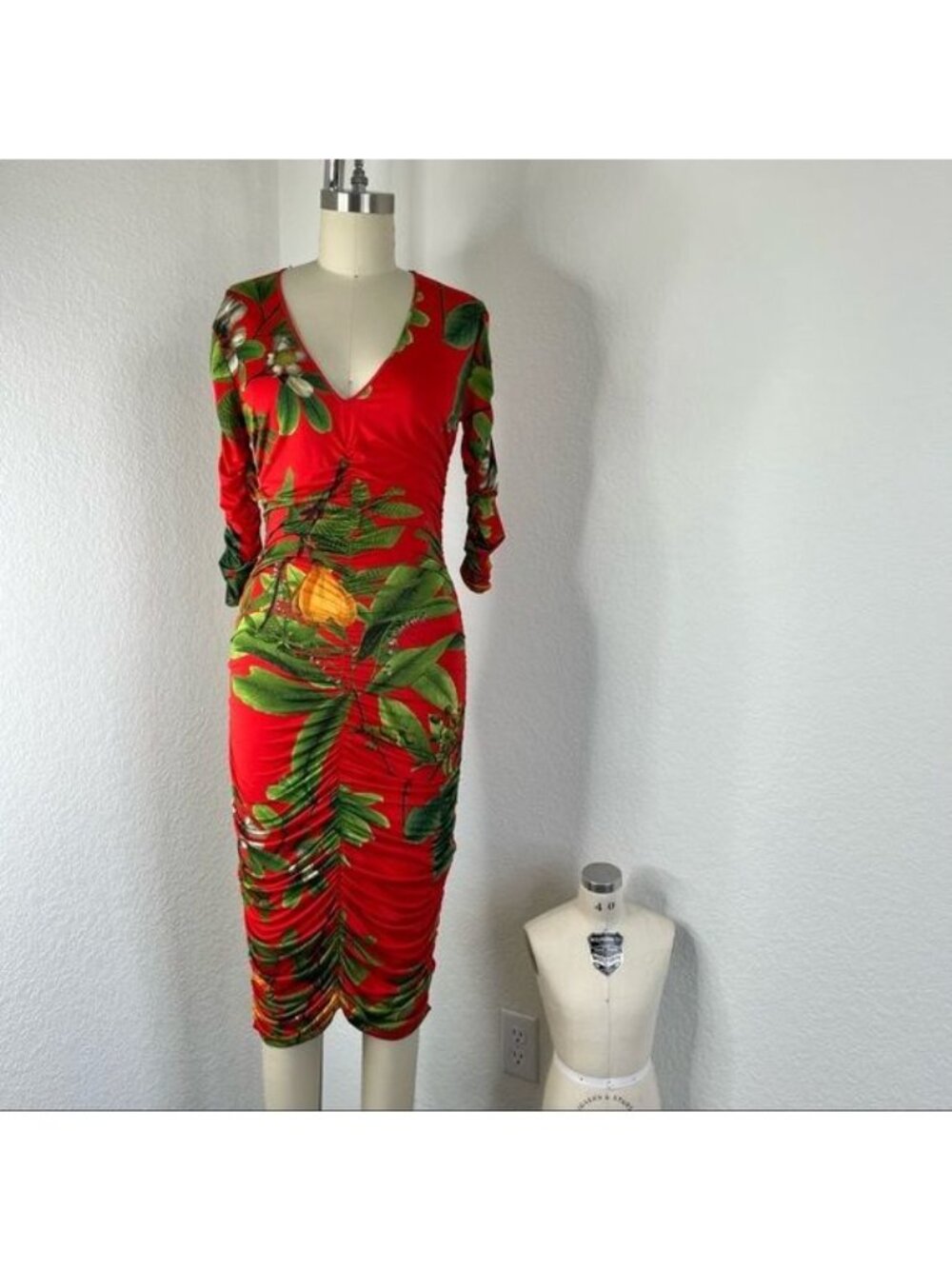 Zara Woman Plunge Ruched Draped Tropical Print Bodycon Dress